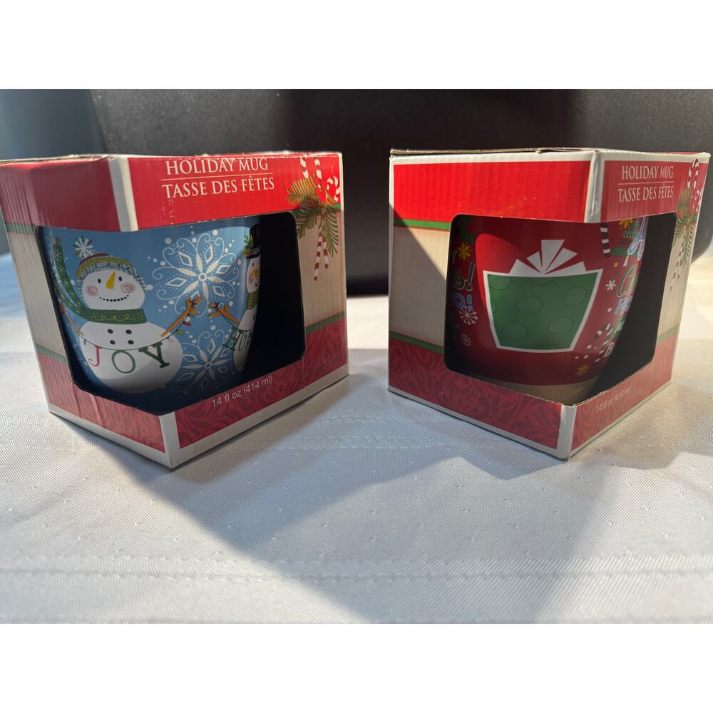 2 Holiday Mugs 14 oz – Snowman JOY & Red Gift Box NIB